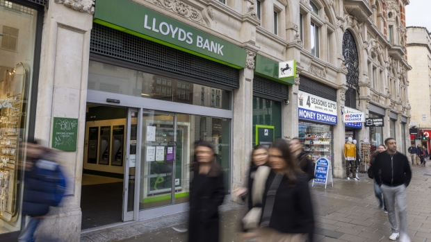 A Lloyds Banking Group Plc bank branch in London, UK, on Monday, Feb. 19, 2024.
