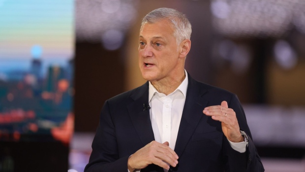 Bill Winters, chief executive officer of Standard Chartered Plc, during a Bloomberg Television interview in London, UK, on Friday, Feb. 23, 2024. Winters saw his total pay package rise 22% in 2023. Photographer: Hollie Adams/Bloomberg