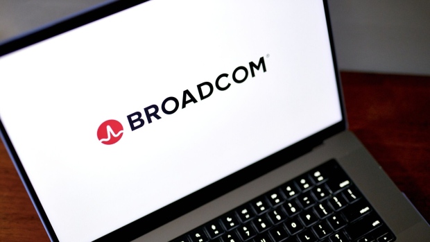 The Broadcom logo on a laptop arranged in New York, US, on Wednesday, Aug. 23, 2023. Broadcom Inc. is scheduled to release earnings figures on August 31.