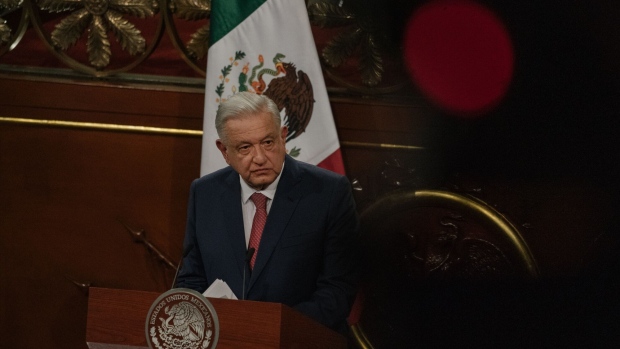 Andres Manuel Lopez Obrador, Mexico's president, speaks during an event at the National Palace in Mexico City, Mexico, on Monday, Feb. 5, 2024. AMLO unveiled a swath of long-shot constitutional reforms to pensions, workers’ wages and the Supreme Court on Monday, in a move seemingly aimed at energizing his base and baiting the opposition ahead of June’s elections.
