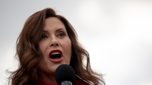 Gretchen Whitmer, governor of Michigan, speaks during during a United Auto Workers (UAW) rally in Detroit, Michigan, US, on Friday, Sept. 15, 2023. The United Auto Workers began an unprecedented strike at all three of the legacy Detroit carmakers, kicking off a potentially costly and protracted showdown over wages and job security.