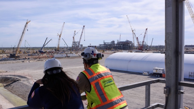 Employees look over an LNG facility under construction in Corpus Christi, Texas in December. 