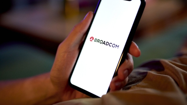 The Broadcom logo on a smartphone arranged in New York, US, on Wednesday, Aug. 23, 2023. Broadcom Inc. is scheduled to release earnings figures on August 31. Photographer: Gabby Jones/Bloomberg