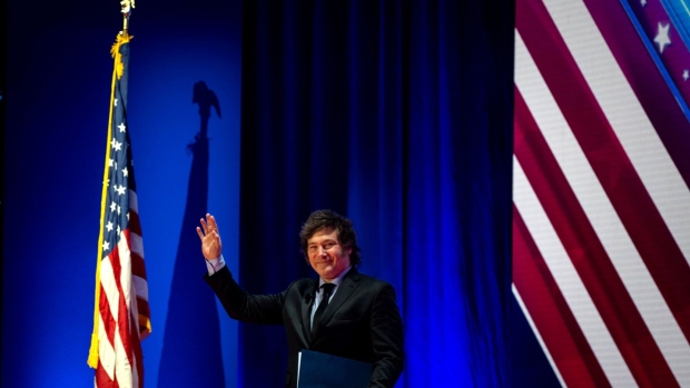 <p>Javier Milei arrives to speak at the Conservative Political Action Conference in National Harbor, Maryland on Feb. 24.</p>