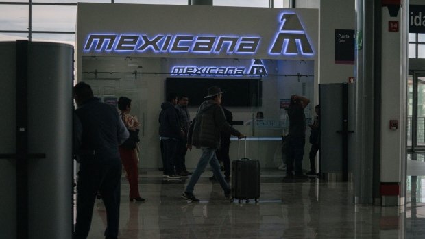 <p>A Mexicana office at Felipe Angeles International Airport in Zumpango, Mexico.</p>