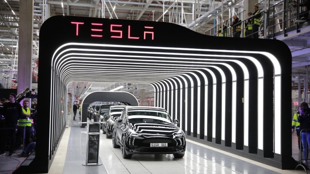 <p>Teslas at a manufacturing plant in Gruenheide, Germany.</p>