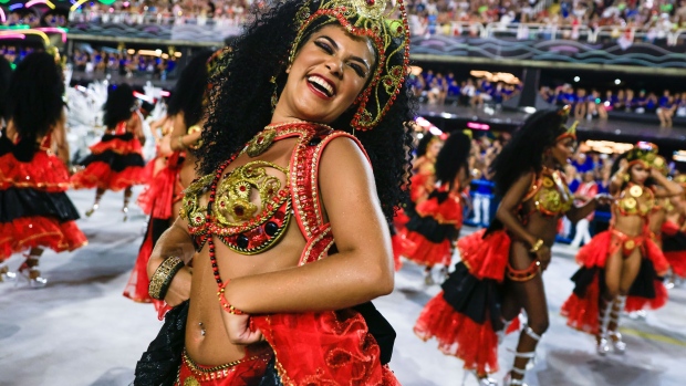 Members of the Salgueiro samba school at Rio de Janeiro’s 2022 Carnival.  Photographer: Buda Mendes/Getty Images South America