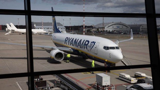 A Ryanair Boeing passenger jet at Riga International Airport.