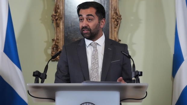 Humza Yousaf speaks during a press conference at Bute House in Edinburgh, Scotland on April 29. Photographer: Andrew Milligan/Getty Images