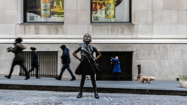 “Fearless Girl” at its new site near the New York Stock Exchange in 2018.