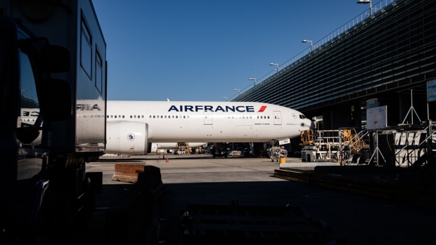 An Air France passenger jet at Charles de Gaulle airport.