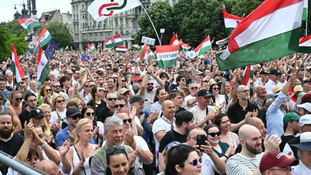 A rally of 'TISZA' (Respect and Freedom) party, in Debrecen, Hungary, on May 5. Photographer: Attila Kisbenedek/AFP/Getty Images