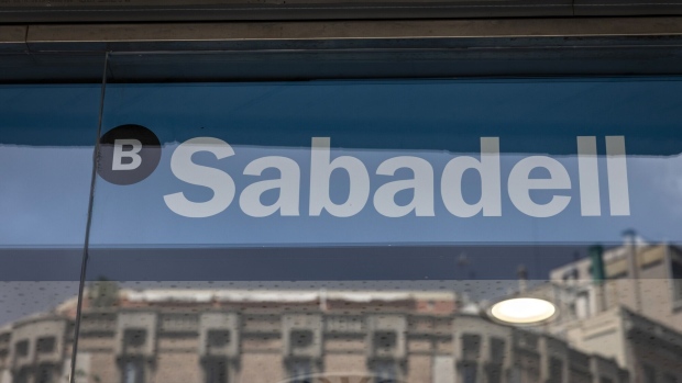 A logo at a Banco Sabadell SA bank branch in Barcelona. Photographer: Angel Garcia/Bloomberg