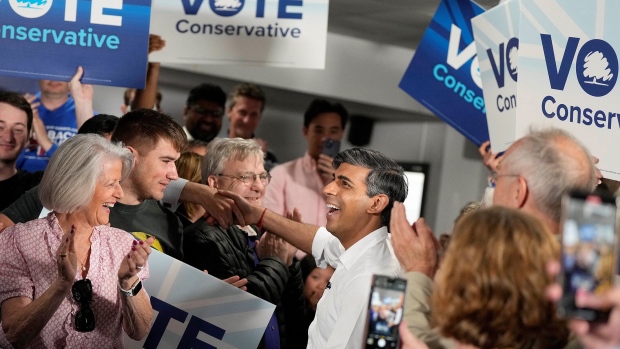 Rishi Sunak is trying to avoid Conservative Party voters switching to the Reform UK founded by Brexit campaigner Nigel Farage. Photographer: Alastair Grant/AFP/Getty Images