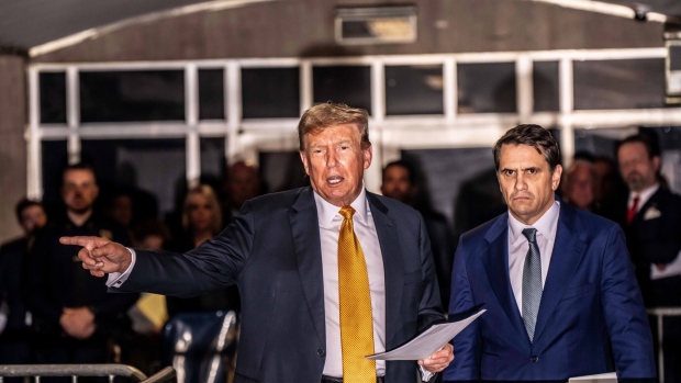 Trump speaks to members of the media at Manhattan criminal court in New York on May 21. Photographer: Mark Peterson/New York Magazine/Bloomberg