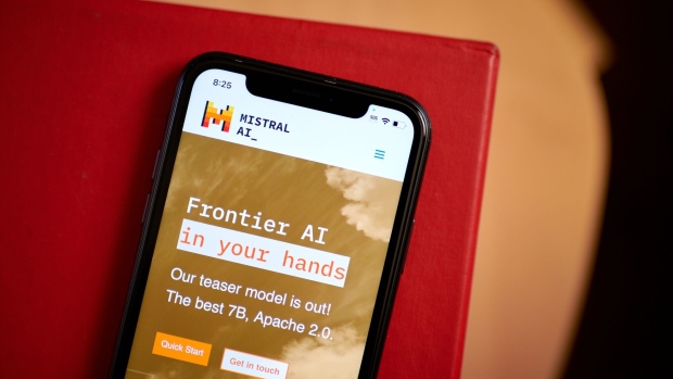 The Mistral AI website on a smartphone arranged in New York, US, on Friday, Dec. 8, 2023. Mistral AI is in the final stages of raising roughly 450 million ($487 million) from investors including Nvidia Corp. and Salesforce Inc. in a funding round that values the OpenAI rival at about $2 billion, according to people familiar with the deal.
