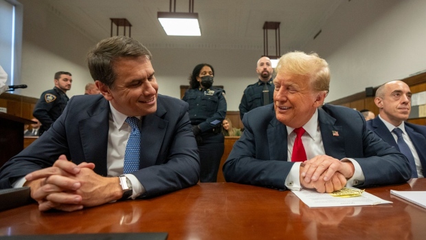 Todd Blanche and Donald Trump at Manhattan criminal court in New York, US, on May 28. Photographer: Steven Hirsch/New York Post/Bloomberg