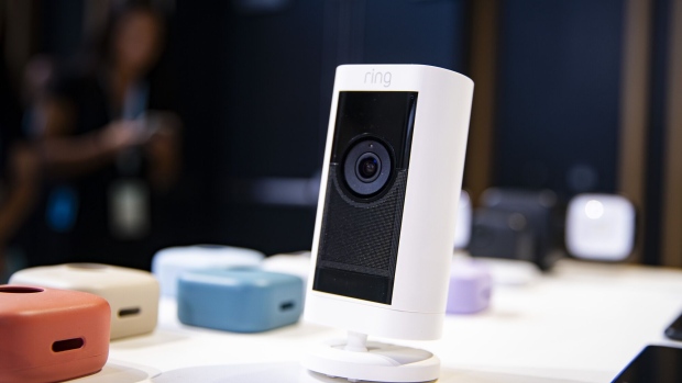 An Amazon Ring camera during the Amazon Devices and Services event at the HQ2 campus in Arlington, Virginia, US, on Wednesday, Sept. 20, 2023. Amazon.com Inc. previewed a push into generative artificial intelligence with new features for its Alexa voice assistant.