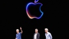 <p>Tim Cook, John Giannandrea, and Craig Federighi during the Apple Worldwide Developers Conference at Apple Park campus in Cupertino, California on June 10.</p>