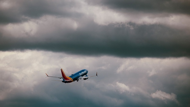 A Southwest Airlines Boeing 737 Max 8 airplane takes off from Baltimore-Washington Airport (BWI) in Baltimore, Maryland, US, on Friday, April 12, 2024. Southwest Airlines Co. is scheduled to release earnings figures on April 25. Photographer: Angus Mordant/Bloomberg