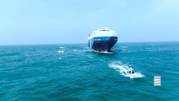 <p>Yemen's Houthi fighters' take over the Galaxy Leader Cargo in the Red Sea coast off Hudaydah, in the Red Sea, Yemen, in Nov. 2023.</p>
