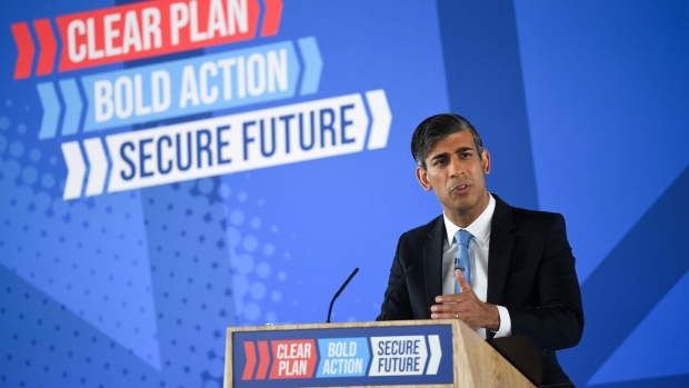 Rishi Sunak launches the Conservative Party general election manifesto in Silverstone, UK, on June 11.