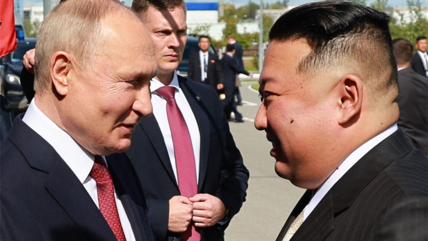 Vladimir Putin and Kim Jong Un during their meeting at the Vostochny Cosmodrome in Amur region on September 13, 2023.  Photographer: Vladimir Smirnov/AFP/Getty Images