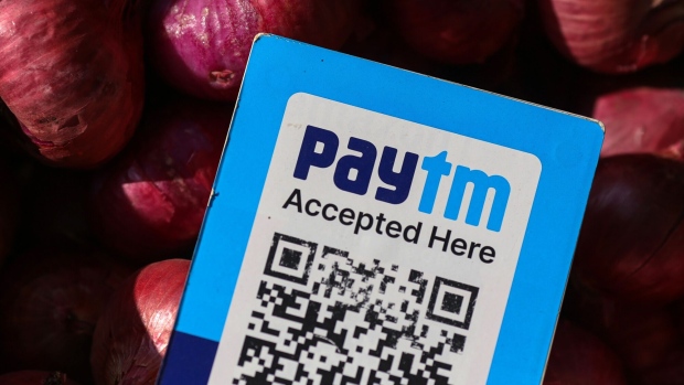 A QR code for the Paytm digital payment system at a store in Mumbai, India, on Thursday, Feb. 1, 2024. Shares of digital-payments provider Paytm plunged 20% after Indian regulators ordered it to halt a bulk of its business, dealing a severe blow to a high-profile tech pioneer that grappled for years with authorities. Photographer: Dhiraj Singh/Bloomberg