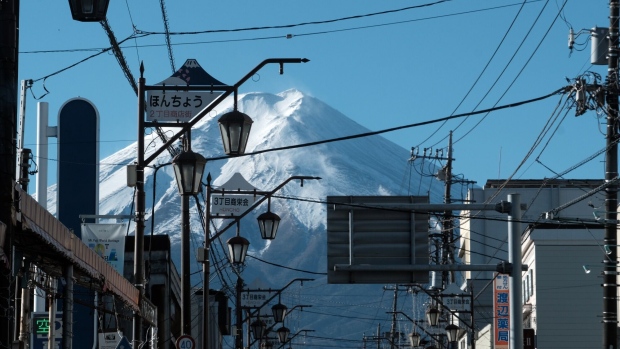 A view of Mount Fuji from a shopping street in Fujiyoshida, Yamanashi Prefecture, Japan, on Tuesday, Nov. 28, 2023. Japan’s industrial production rose more than expected in October, offering a fresh sign of economic resilience as the weak yen bolstered exporters and spurred inbound tourism, the industry ministry reported on Nov. 30. Photographer: Soichiro Koriyama/Bloomberg