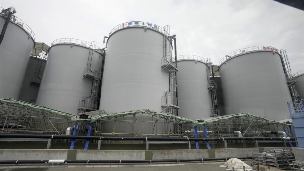 The storage tanks of the radioactive water treated during a media tour at Tokyo Electric Power Co's (TEPCO) Fukushima Dai-Ichi nuclear power plant in Fukushima. Photographer: Kimimasa Mayama/EPA/Bloomberg