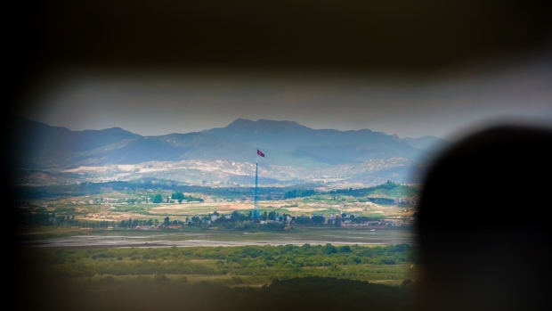 The Korean border seen from an observatory inside the Korean Demilitarized Zone (DMZ).  Photographer: Jasmine Leung/SOPA Images/LightRocket/Getty Images