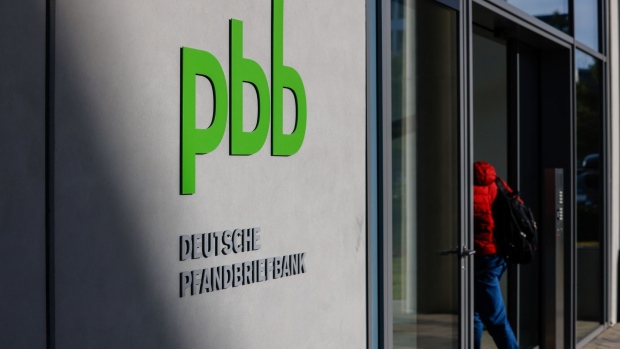 <p>Outside the headquarters of Deutsche Pfandbriefbank AG (PBB) in Garching, Germany.</p>