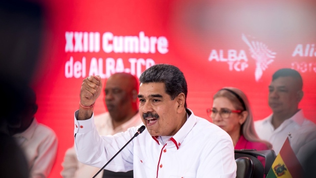 Nicolas Maduro, Venezuela's president, during the 23rd States of the Bolivarian Alliance for the Peoples of Our America - People's Trade Treaty (ALBA-TCP) Summit at Miraflores Palace in Caracas, Venezuela, on Wednesday, April 24, 2024. The alliance of leftist countries in the region are meeting to reject the US's reimposed oil sanctions on Venezuela, ending a six-month reprieve for the Maduro regime. Photographer: Gaby Oraa/Bloomberg 