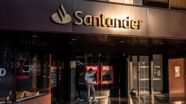 A Banco Santander SA bank branch in Barcelona, Spain, on Monday, Jan. 31, 2022. Santander reports full year earnings on February 2. Photographer: Angel Garcia/Bloomberg