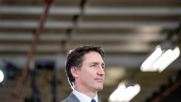 Justin Trudeau, Canada's prime minister, during a media event at a Honda of Canada Manufacturing plant in Alliston, Ontario, Canada, on Thursday, April 25, 2024. Honda Motor Co. will spend C$15 billion ($11 billion) to build out its electric-vehicle supply chain in Canada, with billions of dollars of financial aid from government, as the Japanese automaker seeks to tap long-term demand in the region. Photographer: Laura Proctor/Bloomberg