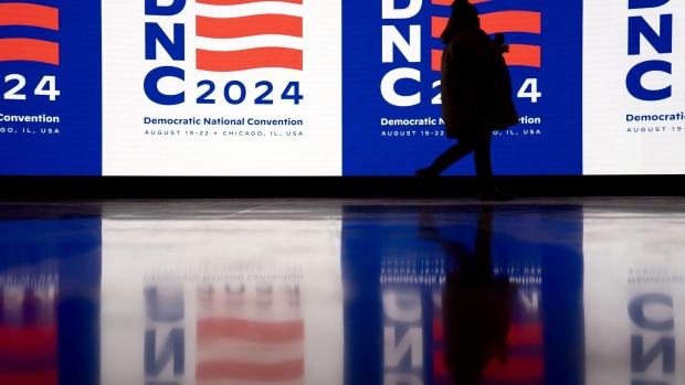 Signage for the 2024 Democratic National Convention. Photographer: Stefani Reynolds/Bloomberg