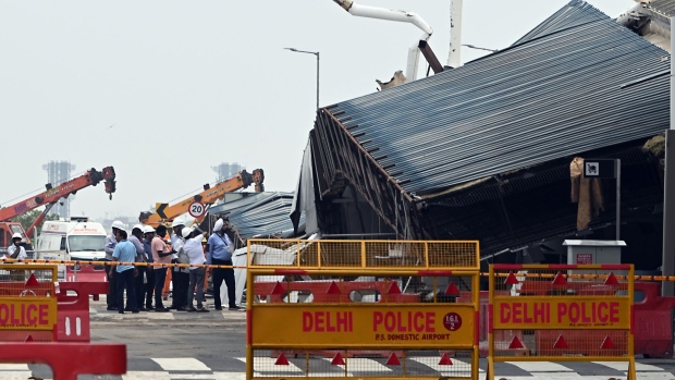 A collapsed canopy at Terminal 1 of Delhi Airport on June 28.