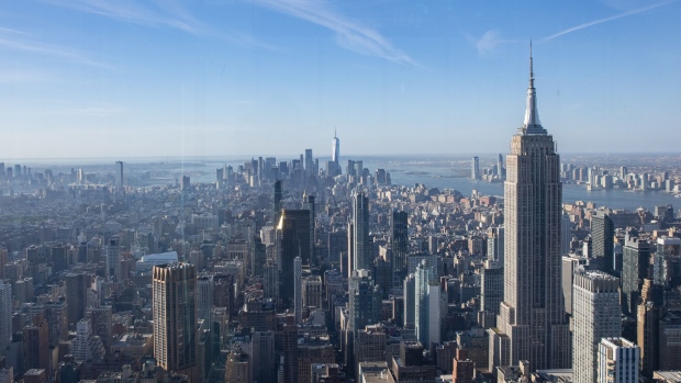 The New York City skyline seen from the Summit One Vanderbilt observation deck during the grand opening in New York, U.S., on Thursday, Oct. 21, 2021. The attraction takes visitors to the 93rd floor, high above iconic skyscrapers like the Empire State Building and the Chrysler Building, and features an immersive art installation called "Air," created by artist Kenzo Digital. Photographer: Jeenah Moon/Bloomberg