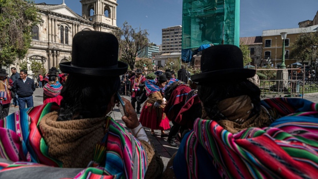 Indigenous supporters of the government of Luis Arce hold a rally in La Paz on June 27, a day after a failed coup against the Bolivian president.