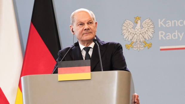 <p>Chancellor Olaf Scholz during a joint news conference in Warsaw, on July 2.</p>