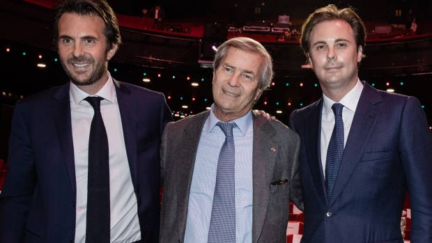 Yannick Bolloré, left, Vincent Bolloré, and Cyrille Bolloré, at the Vivendi shareholders’ meeting in Paris in 2019.