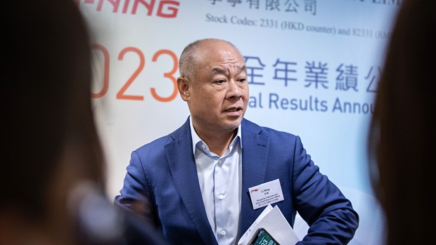Li Ning, chairman and co-chief executive officer of Li Ning Co., during a news conference in Hong Kong, China, on Wednesday, March 20, 2024. Li Ning jumps as much as 7.9% as analysts see stabilizing inventory conditions and better-than-expected online retail sales in fourth quarter. Photographer: Jessica Lee/Bloomberg